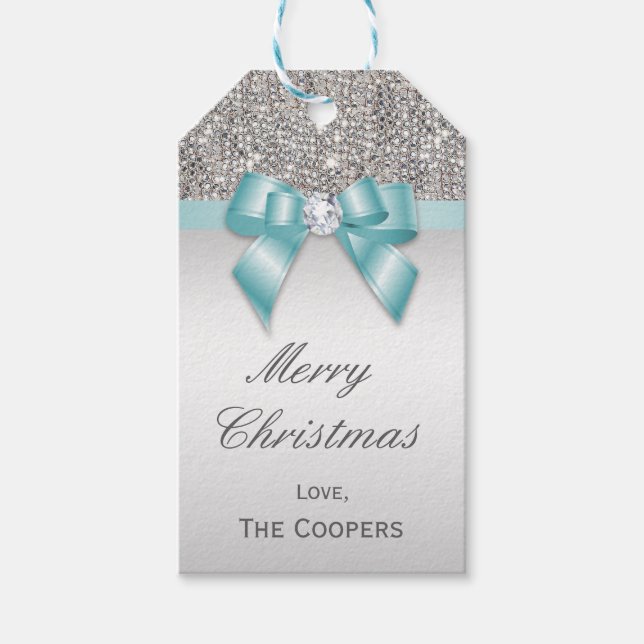 Étiquettes-cadeau Séquences d'argent Bleu Diamant Bow Noël (Devant)