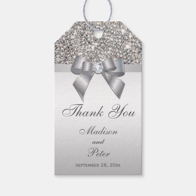 Étiquettes-cadeau Séquins Argent Classé Bow Merci (Devant)