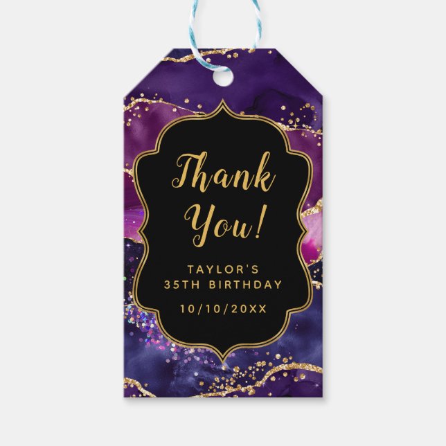 Étiquettes-cadeau Séquins d'or violet foncé Agate Anniversaire Merci (Devant)