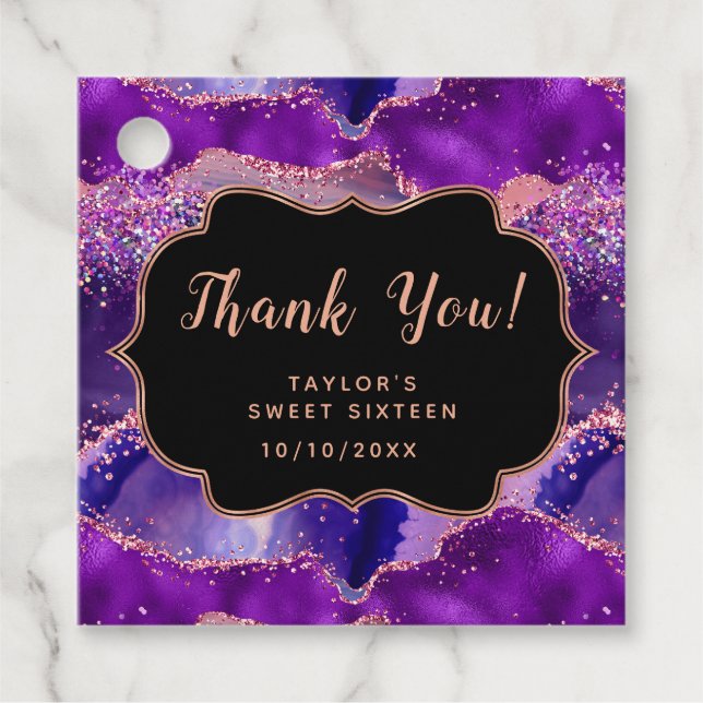 Étiquettes Cadeau Séquins rose violet Agate Sweet sixteen Merci (Devant)