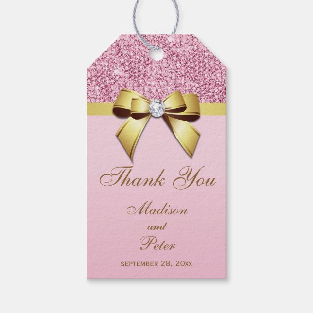 Étiquettes-cadeau Séquins roses Classy Or Bow Merci (Devant)