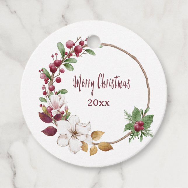 Étiquettes Cadeau Serre de Noël Joyeux avec année personnalisée (Devant)