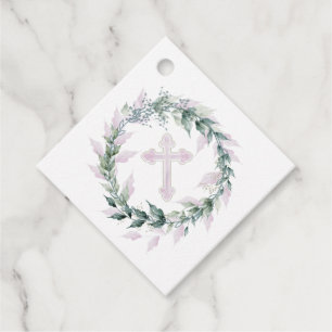 Étiquettes Cadeau Serre et croix rose Communion Baptême Christening