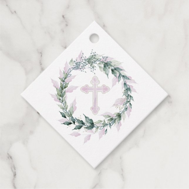 Étiquettes Cadeau Serre et croix rose Communion Baptême Christening (Devant)