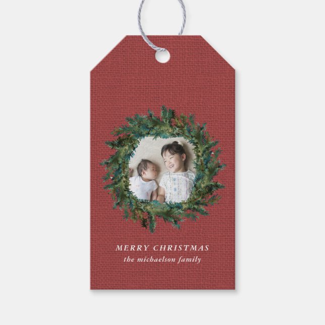 Étiquettes-cadeau Serre rustique et Faux rouge Burlap Photo Noël (Devant)