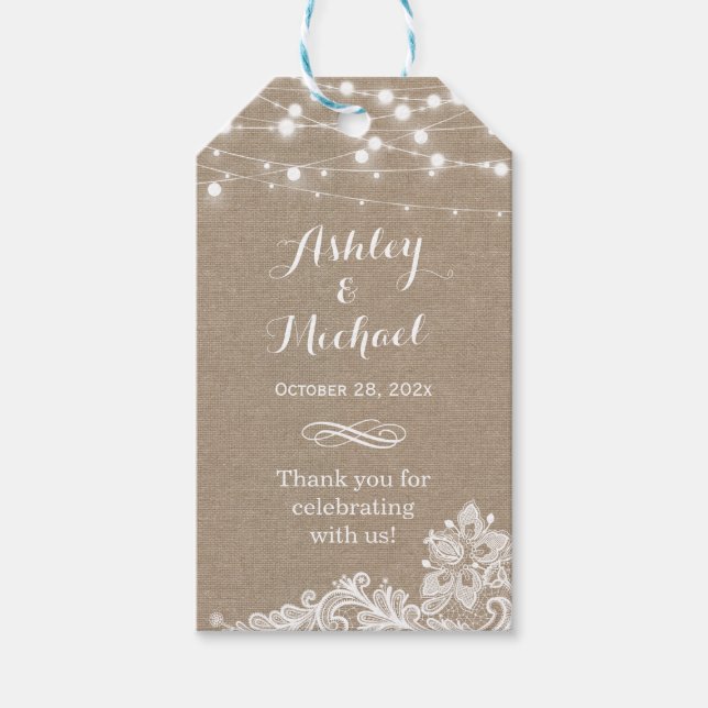 Étiquettes-cadeau Shabby Burlap Chaîne Lumières Dentelle Merci Maria (Devant)