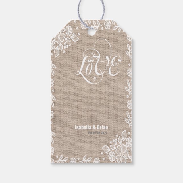 Étiquettes-cadeau Shear Lace Burlap Pays Rustique Mariage de l'Ouest (Devant)