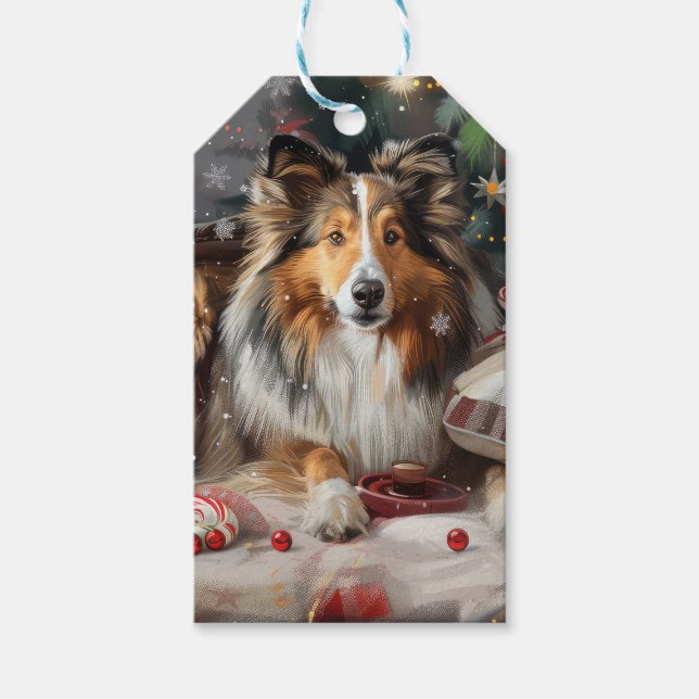 Étiquettes-cadeau Shetland Sheepdog Festif de Noël (Devant)