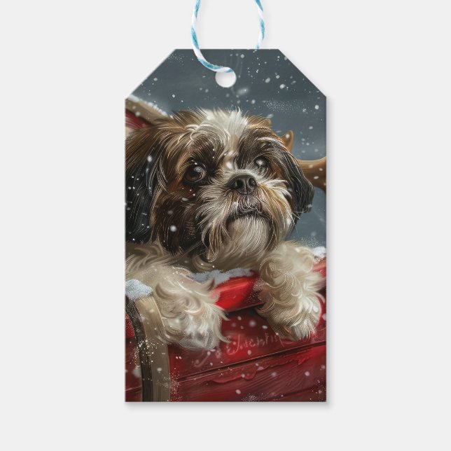 Étiquettes-cadeau Shih Tzu Chien Festif de Noël (Devant)