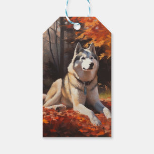 Étiquettes-cadeau Siberian Husky dans les feuilles d'automne qui tom