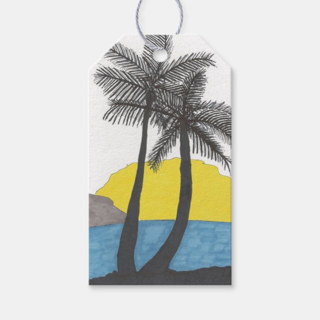 Étiquettes-cadeau Silhouette du lever du soleil du palmier (Devant)