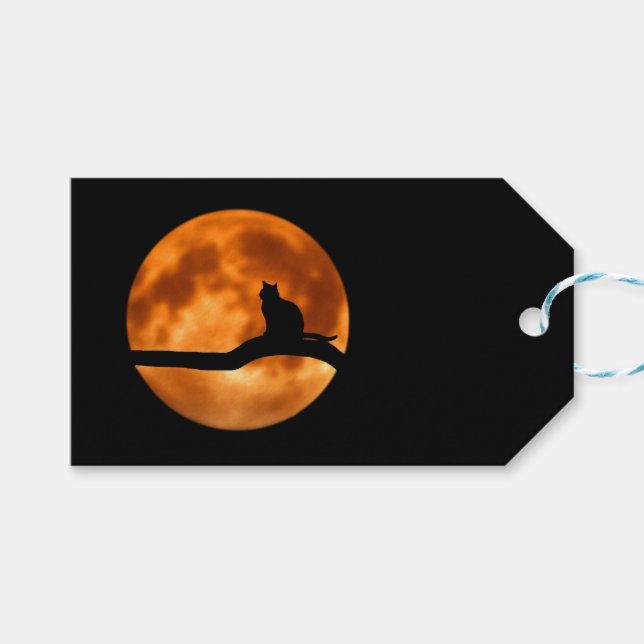 Étiquettes-cadeau Silhouette d'un chat noir dans un arbre (Devant (Horizontal))