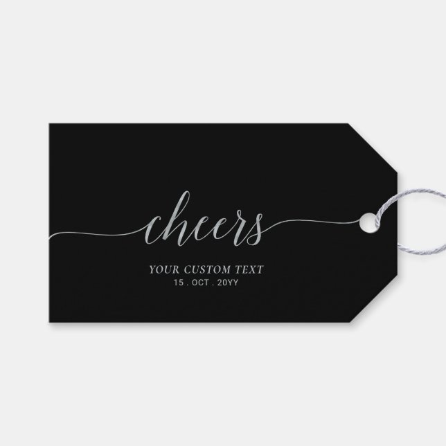 Étiquettes-cadeau Silver & Black Elegant Script Cheers Event Party (Devant (Horizontal))