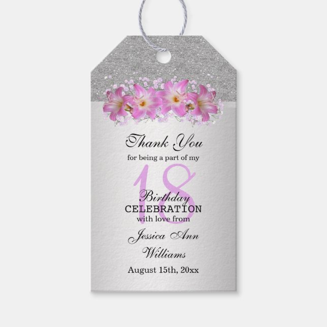 Étiquettes-cadeau Silver Classy & Belladonna Lilies 18e anniversaire (Devant)