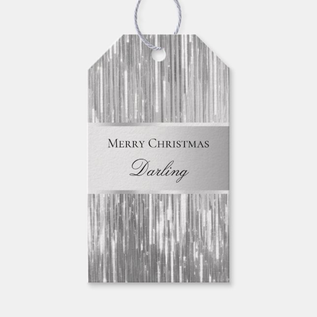 Étiquettes-cadeau Silver Glam Glitzy Tinsel Stripes (Devant)