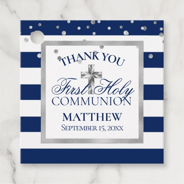 Étiquettes Cadeau Silver Navy Blue Stripes Premier Saint Communion G (Devant)