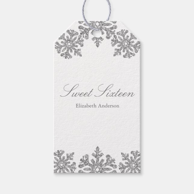 Étiquettes-cadeau Silver Snowflake Winter Sweet 16 (Devant)
