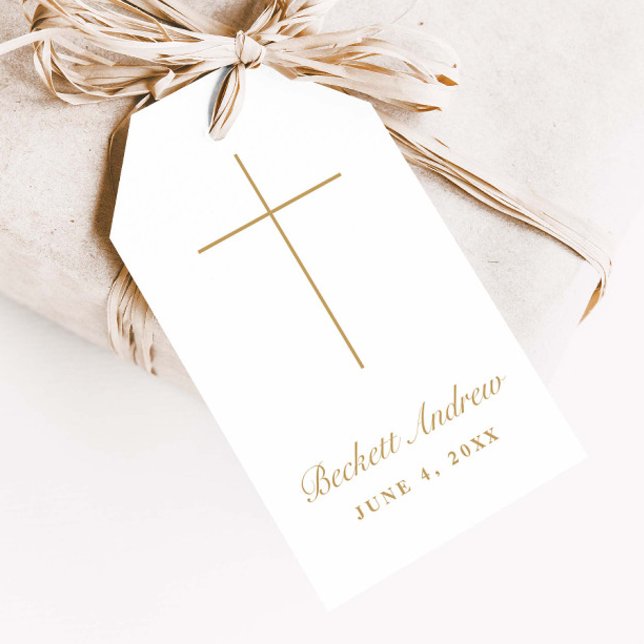 Étiquettes-cadeau Simple baptême croix script or (Simple, elegant gold cross script baptism favor tags.)