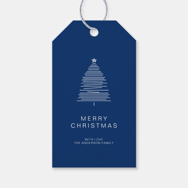Étiquettes-cadeau Simple Blue Line Art Joyeux sapin de Noël (Devant)