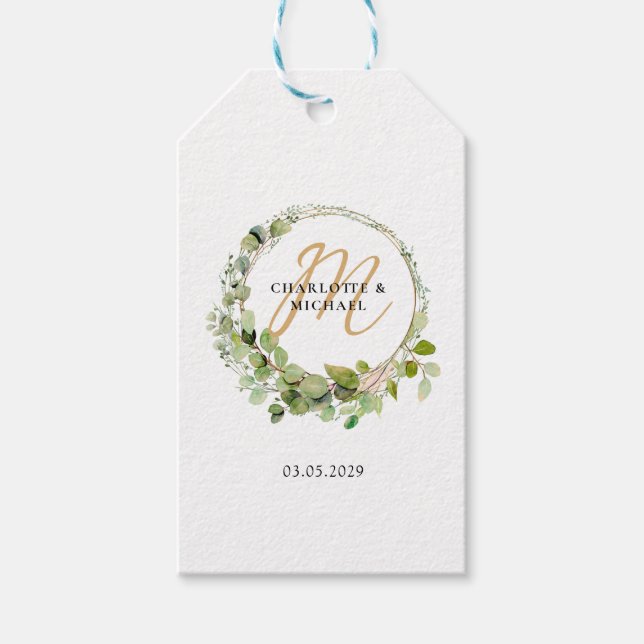 Étiquettes-cadeau Simple, élégant, monogramme mariage eucalyptus (Devant)
