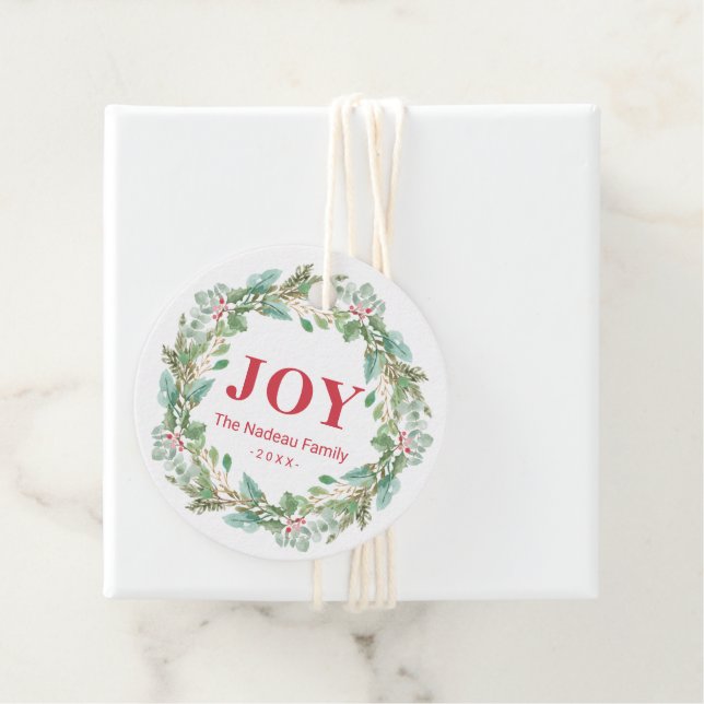 Étiquettes Cadeau Simple élégante Wreath Joie moderne Noël (En situation)