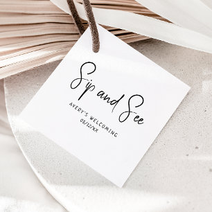 Étiquettes Cadeau Simple Moderne Neutre Sip Et Voir Baby shower