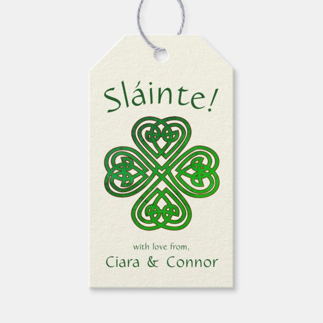 Étiquettes-cadeau Sláinte Green Celtic Shamrock irlandais Nom (Devant)
