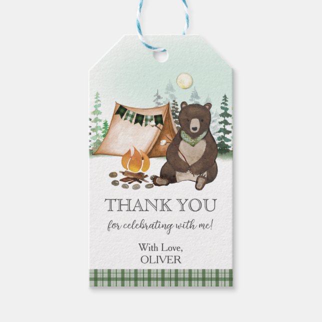 Étiquettes-cadeau S'more Camping Bear Happy Camper 1er anniversaire (Devant)