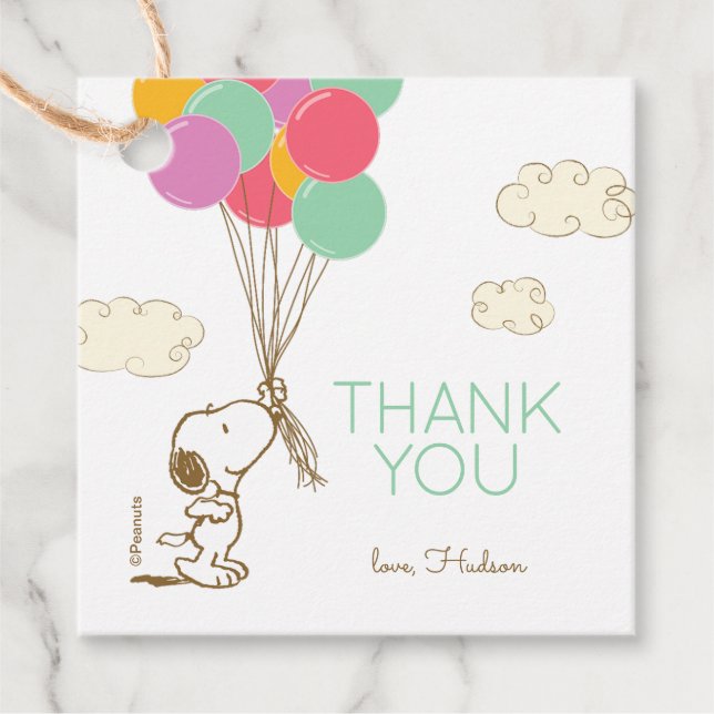 Étiquettes Cadeau Snoopy et ballons Anniversaire Merci (Devant)