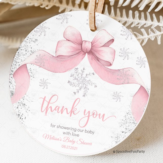 Étiquettes Cadeau Snowflake Bow baby shower (snowflake favor tag,baby shower,a little snowflake,is on the way,bow gir pink,winter invitation,gift)