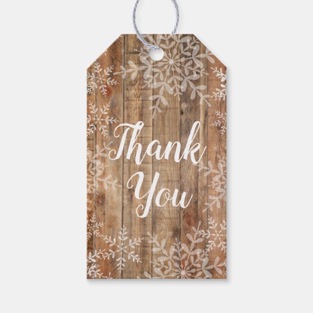 Étiquettes-cadeau Snowflakes rustiques sur le Baby shower en bois (Devant)