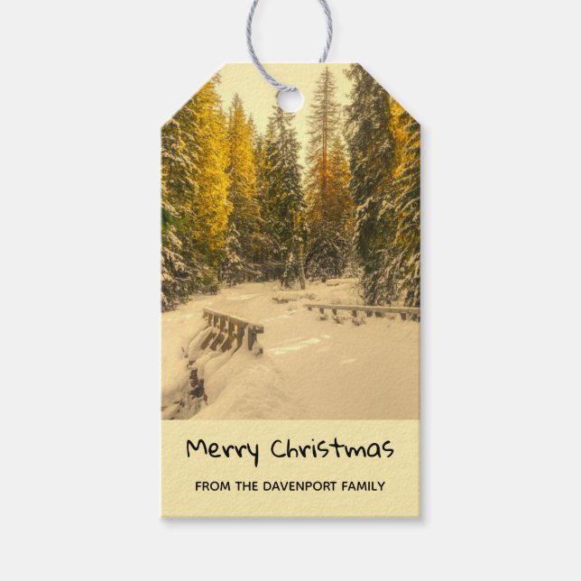 Étiquettes-cadeau Snowy Winter Path with Pine Trees Noël (Devant)