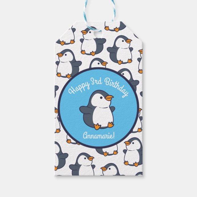 Étiquettes-cadeau Soirée d'anniversaire de Penguin (Devant)