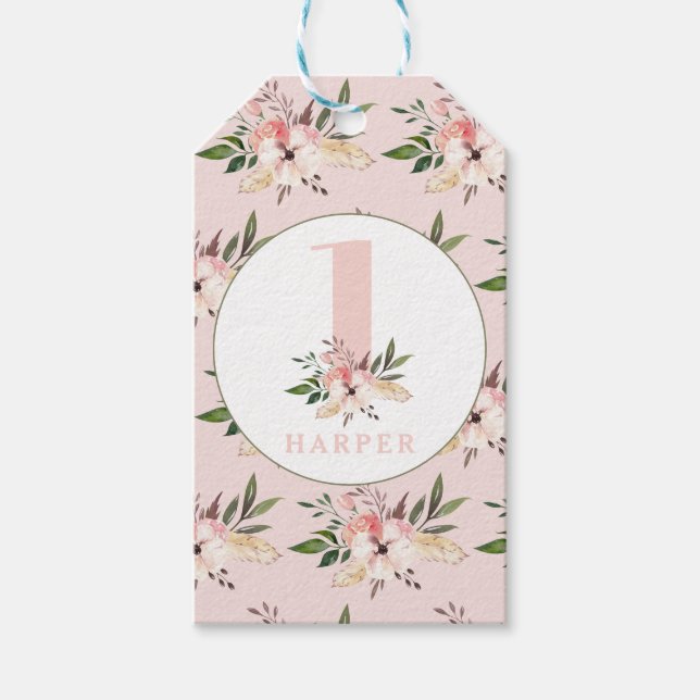 Étiquettes-cadeau Soirée d'anniversaire fleurie rose (Devant)