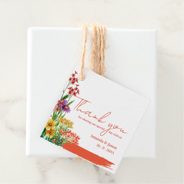 Étiquettes Cadeau Soirée de mariage Fleur sauvage orange (En situation)