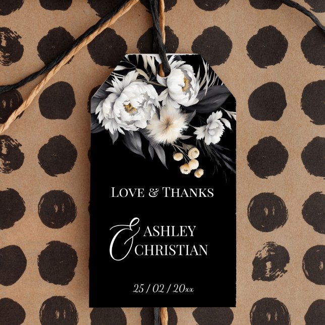Étiquettes-cadeau Soirée de mariage noir et blanc (Black and white elegant boho wedding favor gift tags black favor tags white peonies)
