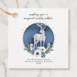 Étiquettes Cadeau Solstice d'hiver Deer Bleu Blanc Noël