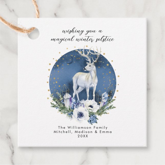 Étiquettes Cadeau Solstice d'hiver Deer Bleu Blanc Noël (Devant)