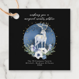 Étiquettes Cadeau Solstice d'hiver Deer Bleu Blanc Noël
