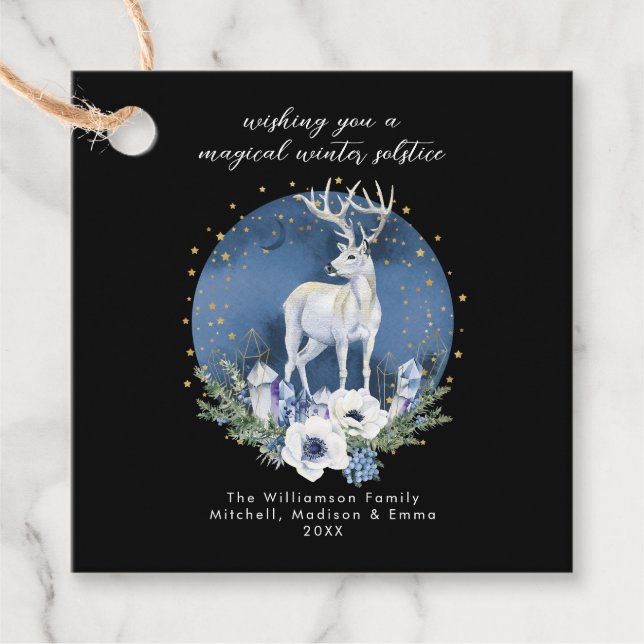 Étiquettes Cadeau Solstice d'hiver Deer Bleu Blanc Noël (Devant)