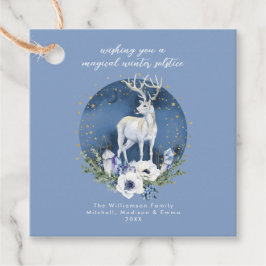 Étiquettes Cadeau Solstice d'hiver Deer Bleu Blanc Noël