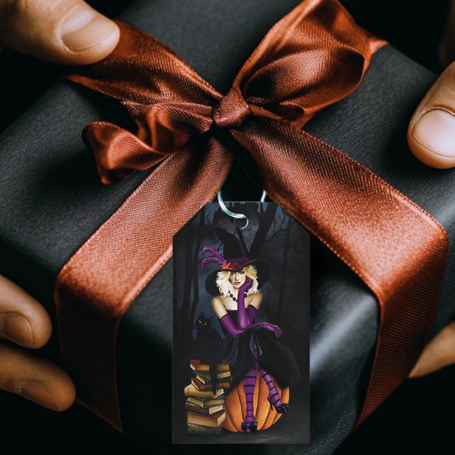 Étiquettes-cadeau Sorcière Blonde Enjouée Citrouille Fantaisie Viole (Créateur téléchargé)