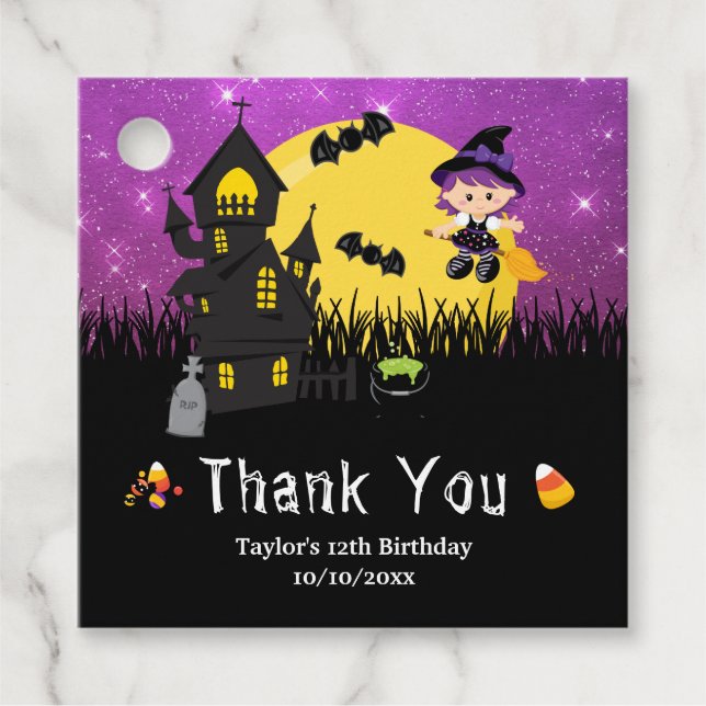 Étiquettes Cadeau Sorcière de fête d'anniversaire d'Halloween violet (Devant)