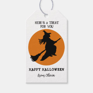 Étiquettes-cadeau Sorcière volante Black & Orange Traits Halloween