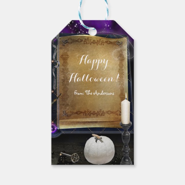 Étiquettes-cadeau Sorcières magique Livre d'orthographe Halloween Fê (Devant)