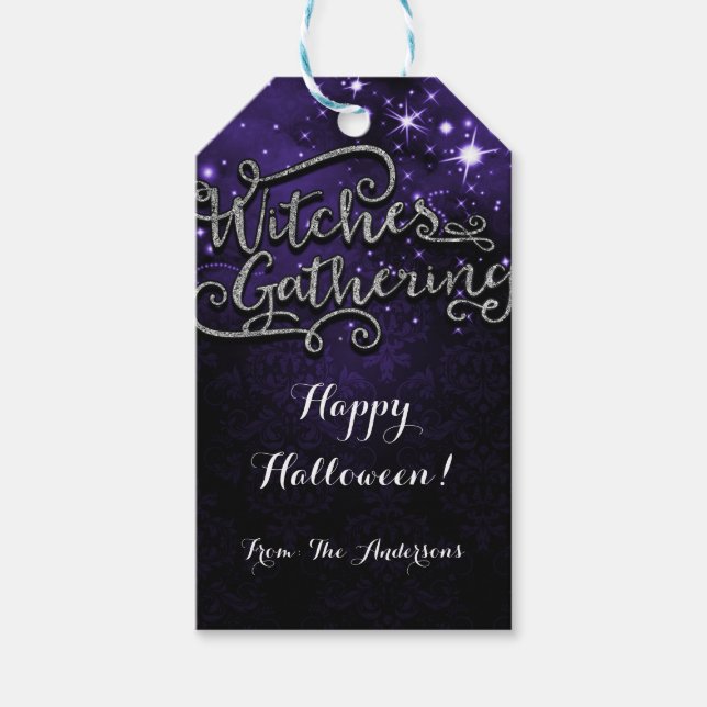 Étiquettes-cadeau Sorcières Rassembler Purple & Black Damask Favoris (Devant)
