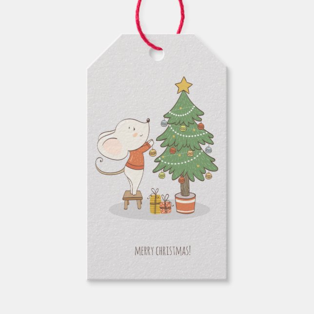 Étiquettes-cadeau Souris décorant un arbre de Noël (Devant)
