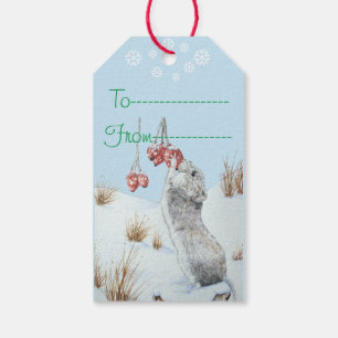 Étiquettes-cadeau Souris mignonne et baies rouges scène de neige