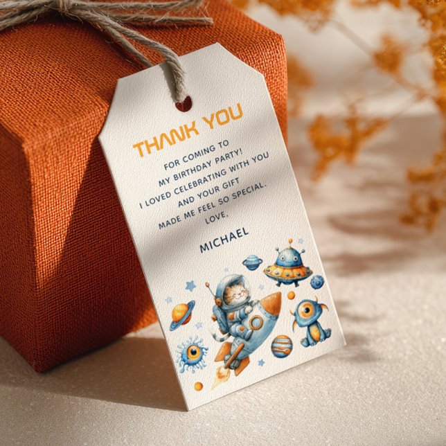 Étiquettes-cadeau Space Astronaut Cat Galaxy 1st Birthday Thank You  (Créateur téléchargé)