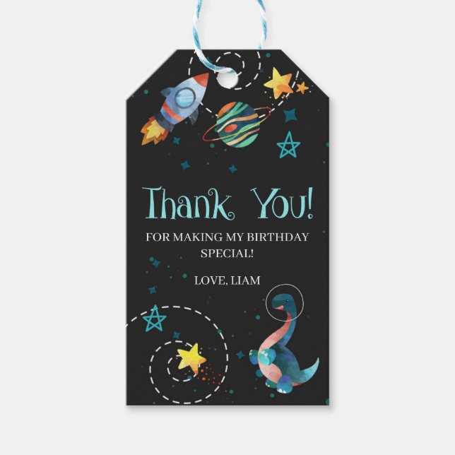Étiquettes-cadeau Space Dinosaur Galaxy Anniversaire Favoriser (Devant)